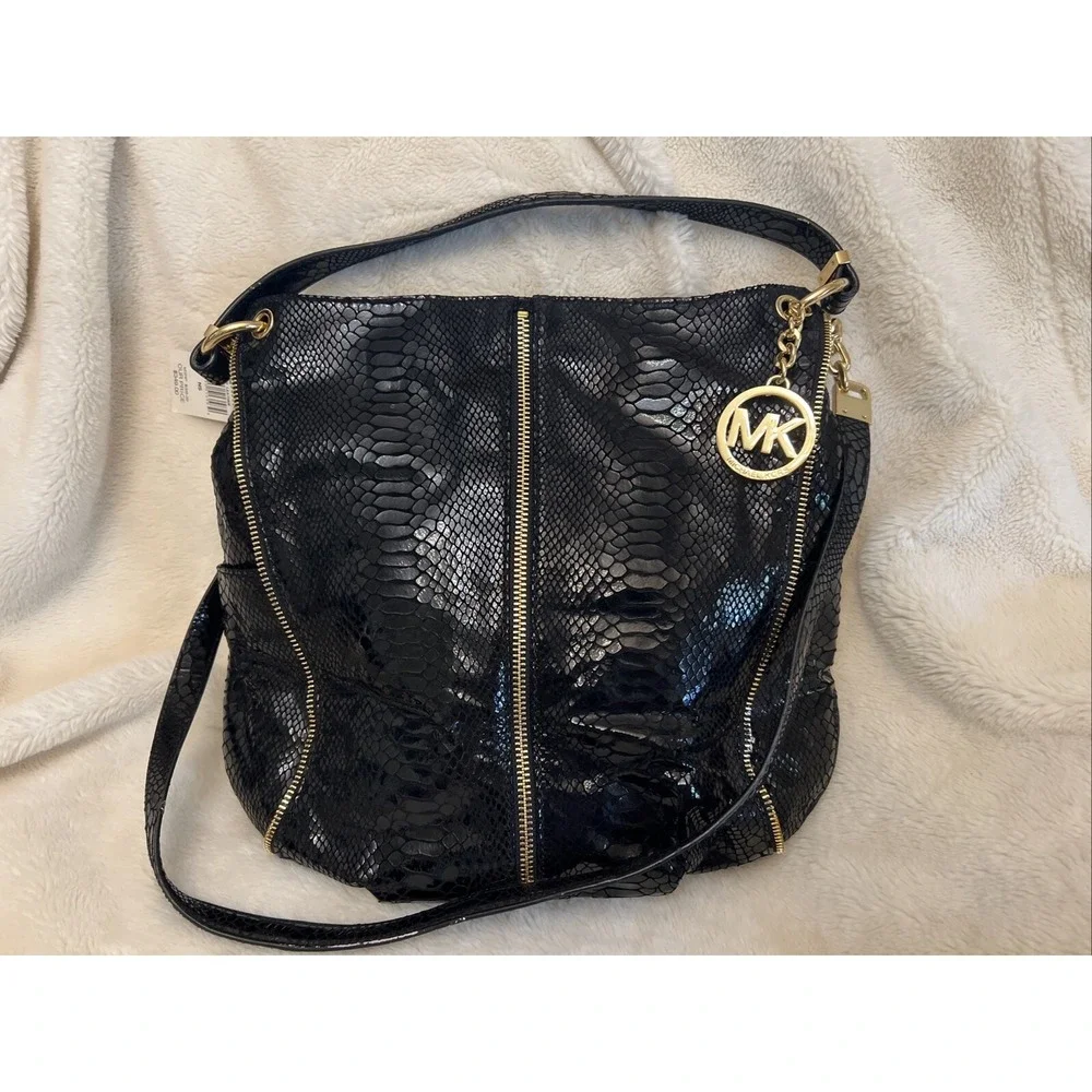 Michael Kors Newman Black Python Embossed Leather Large Hobo Bag 35F4GNWL3G